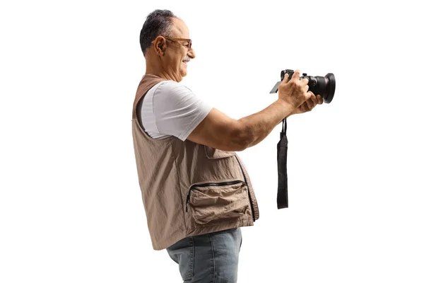 Mature Man Taking Photo Professional Camera Isolated White Background —  Fotos de Stock