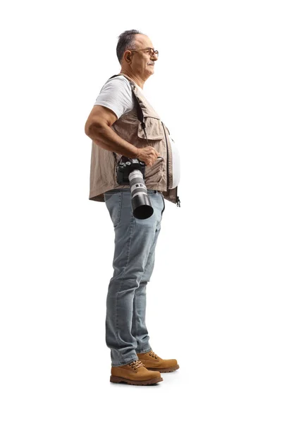 Full Length Profile Shot Photographer Standing Camera His Shoulder Isolated — Stockfoto