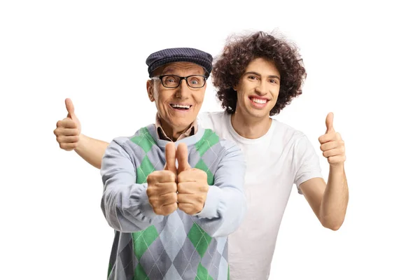 Cheerful Young Man His Grandfather Showing Thumbs Isolated White Background — 图库照片