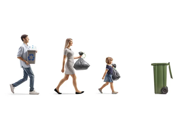 Mother Father Child Walking Trush Bin Recycle Isolated White Background — 스톡 사진