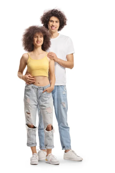 Ganzkörperporträt Eines Jungen Mannes Und Einer Jungen Frau Mit Lockigem — Stockfoto