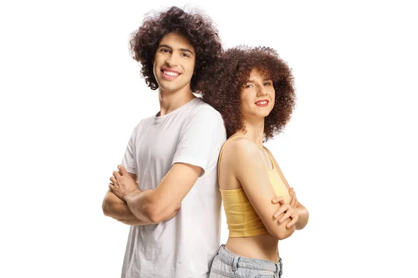Couple Curly Hair Smiling Posing Back Back Isolated White Background — Stock Photo, Image