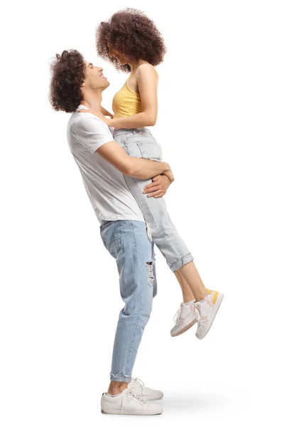 Full Length Profile Shot Boyfriend Holding Girlfriend His Hands Isolated — Foto Stock