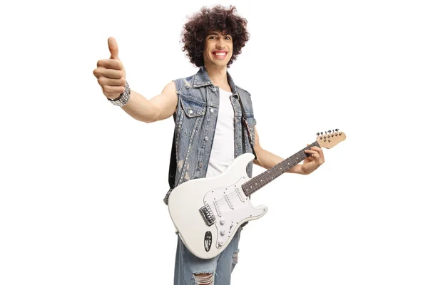 Smiling Male Musician White Electric Guitar Showing Thumbs Isolated White — Zdjęcie stockowe