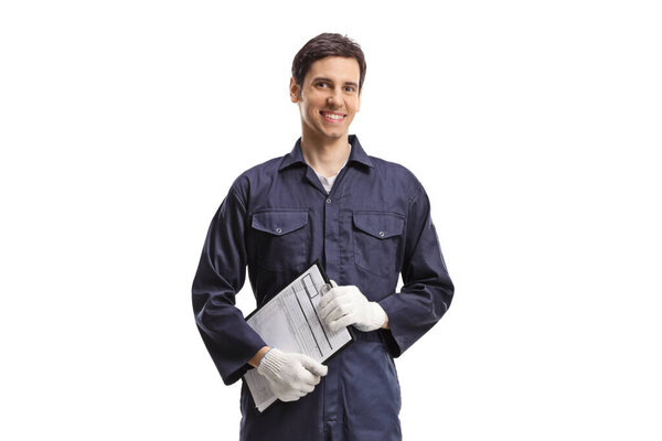 Man in a working uniform holding a clipboard isolated on white background