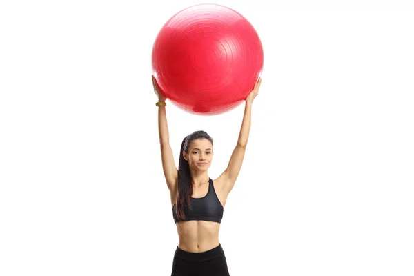 Female Sportswear Exercising Fitness Ball Isolated White Background — 스톡 사진