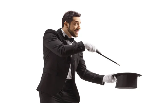 Man Making Magic Trick Wand Tophat Isolated White Background — Stok fotoğraf