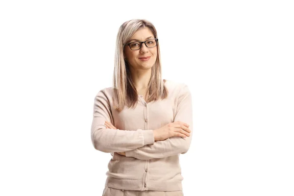 Blond Young Woman Glasses Posing Crossed Arms Isolated White Background — Foto de Stock