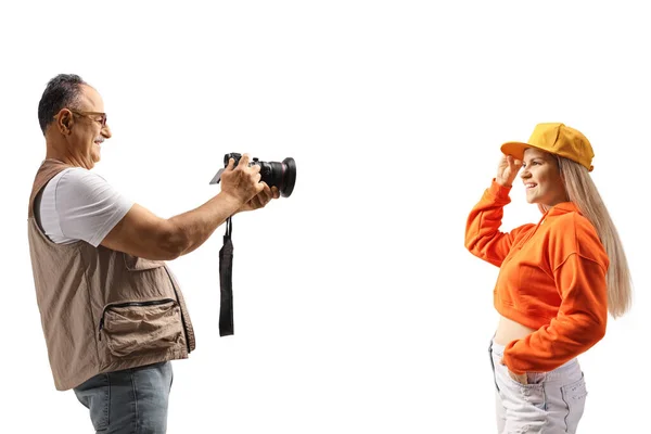 Mature Man Taking Photo Young Female Professional Camera Isolated White — Foto Stock