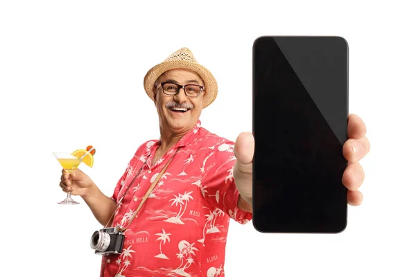 Happy Male Tourist Showing Smartphone Holding Cocktail Isolated White Background — Foto Stock