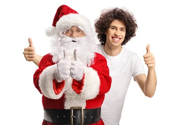 Vrolijke Jongeman Kerstman Tonen Duimen Omhoog Geïsoleerd Witte Achtergrond — Stockfoto
