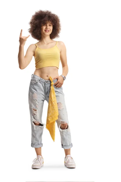 Full Length Portrait Trendy Young Caucasian Female Afro Hairstyle Gesturing — Fotografia de Stock