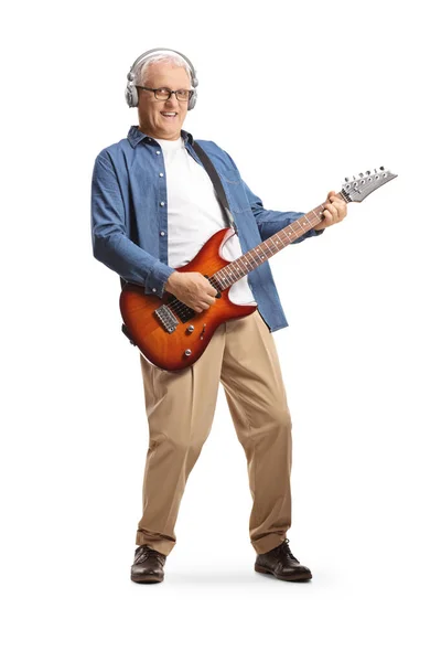 Full Length Portrait Mature Man Headphones Electric Guitar Isolated White — Stock Photo, Image