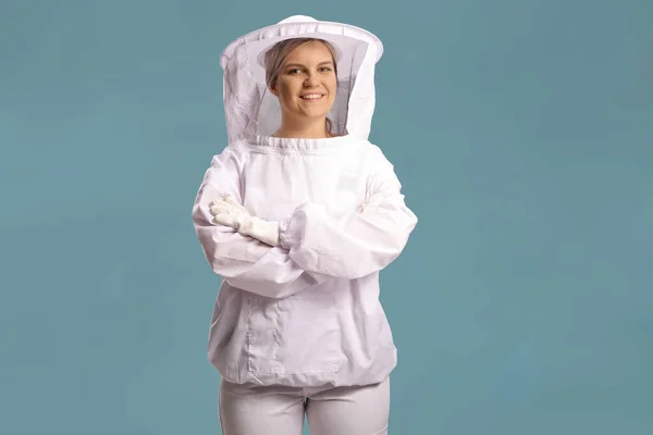 Young Female Bee Keeper Uniform Posing Isolated Blue Background — стоковое фото