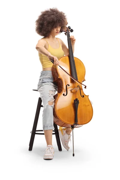 Young Female Musician Sitting Chair Playing Contrabass Isolated White Background — Stock Photo, Image