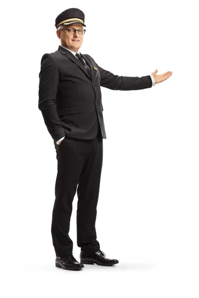 Full Length Portrait Mature Chauffeur Uniform Pointing Hand Isolated White — Stockfoto