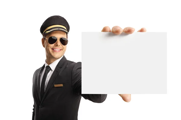 Professional Chauffeur Holding Blank Card Smiling Isolated White Background — Stock Photo, Image