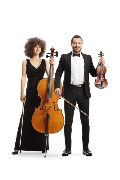 Elegant Male Female Musicians Contrabass Violin Isolated White Background — Zdjęcie stockowe