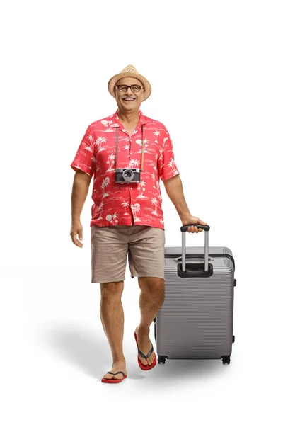 Full Length Portrait Mature Male Tourist Pulling Suitcase Walking Camera — Φωτογραφία Αρχείου