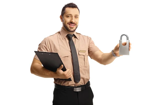 Security Guard Holding Padlock Clipboard Isolated White Background — Foto Stock