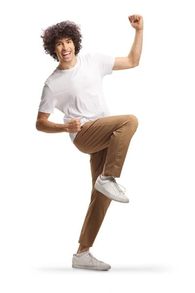Guy Curly Hair Gesturing Happiness Isolated White Background — ストック写真