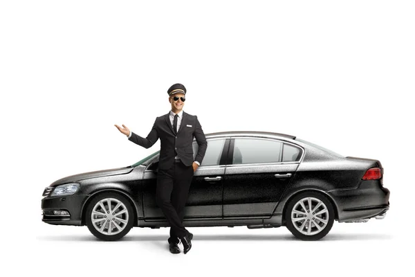 Chauffeur Black Suit Showing Hand Leaning Black Car Isolated White — Fotografia de Stock
