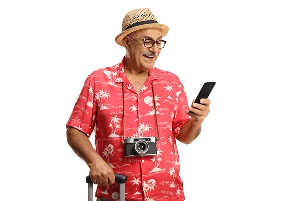 Excited Mature Male Traveler Suitcase Looking Smartphone Isolated White Backgroun — Stockfoto