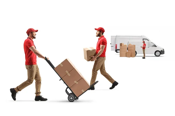 Delivery Company Workers Loading Boxes Transport Van Isolated White Background — Foto Stock
