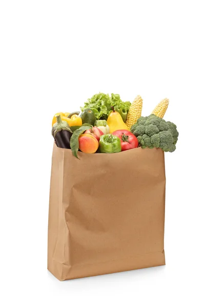 Studio Shot Fresh Organic Fruits Vegetables Paper Bag Isolated White — Stock Photo, Image