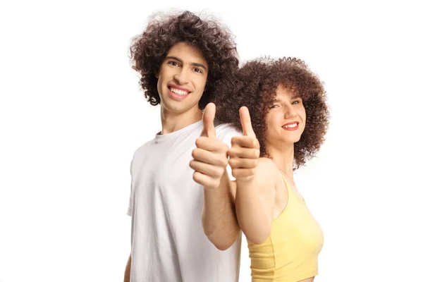 Couple Curly Hair Smiling Posing Back Back Thumbs Isolated White — стоковое фото