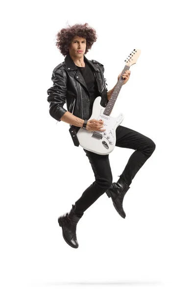 Male Rock Star Playing Guitar Jumping Isolated White Background — Φωτογραφία Αρχείου