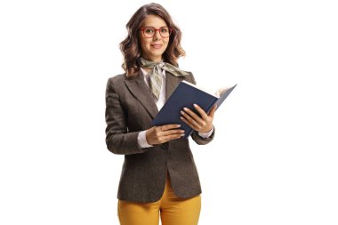 Young woman holding an open book and looking at camera isolated on white backgroun