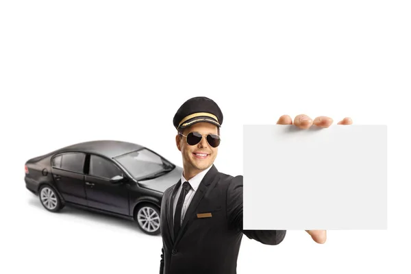 Professional Young Chauffeur Holding Blank Card Front Car Isolated White — ストック写真