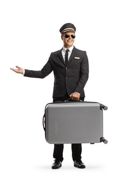 Professional Chauffeur Carrying Suitcase Gesturing Hand Isolated White Background — Φωτογραφία Αρχείου