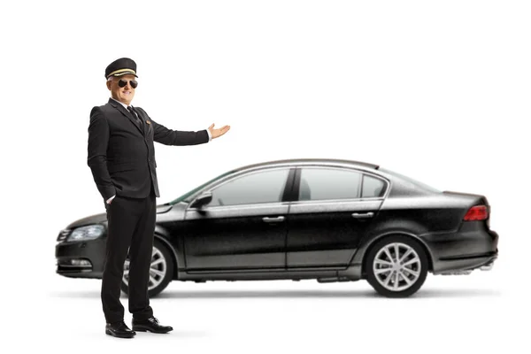 Full Length Shot Chauffeur Black Suit Pointing Hand Black Car — Stockfoto