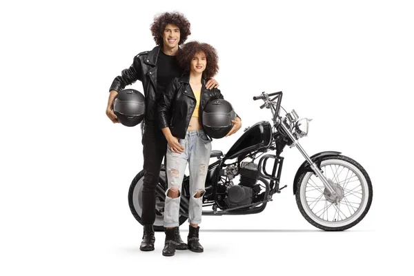 Full Length Portrait Young Couple Leather Jackets Chopper Holding Motorbike — 스톡 사진