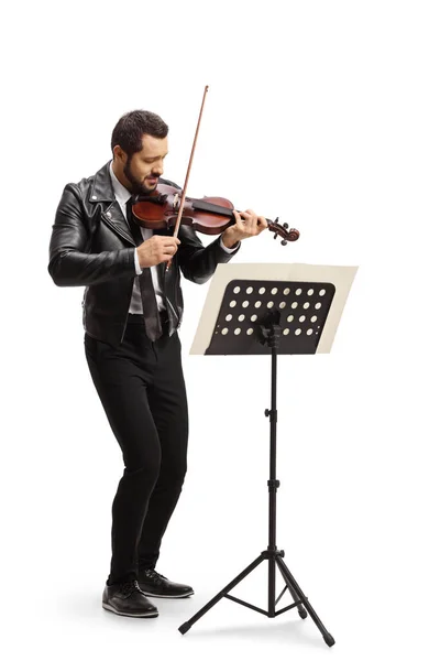 Full Length Shot Young Modern Man Leather Jacket Playing Violin — Φωτογραφία Αρχείου