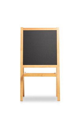 Studio shot of a blackboard with a wooden frame on a stand isolated on white background