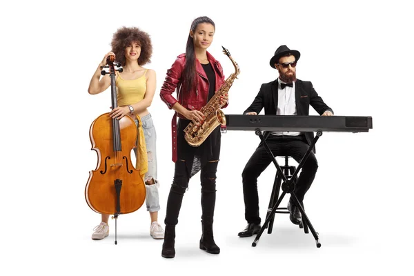 Music band with a cello, sax and a man on a keyboard isolated on white background