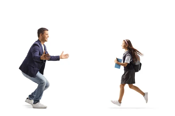 Full Length Profile Shot Schoolgirl Running Hug Her Happy Father — Stock fotografie