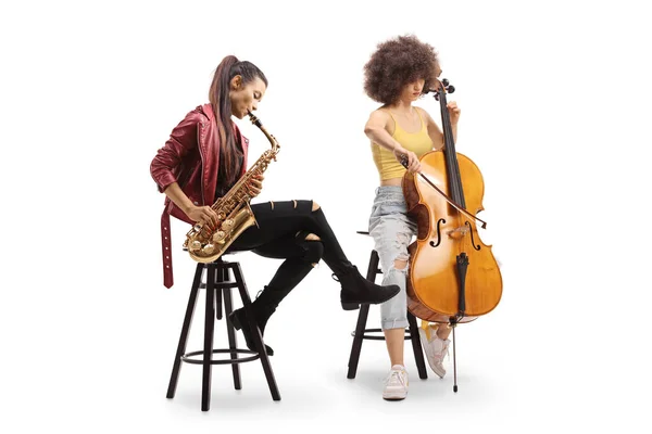 Two Young Women Playing Cello Sax Isolated White Background — Stock Photo, Image