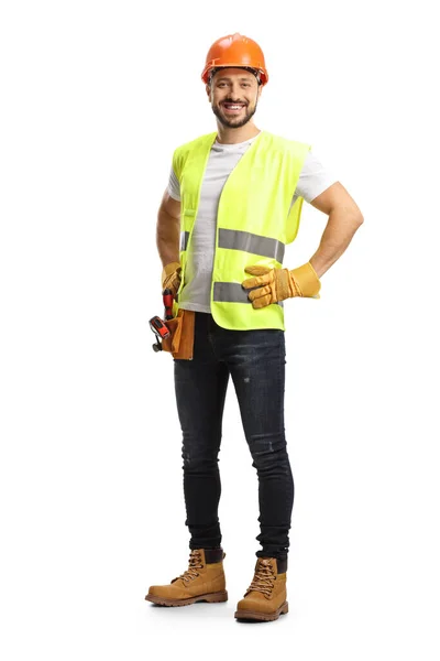 Full Length Portrait Construction Worker Wearing Tool Belt Smiling Camera — Stockfoto