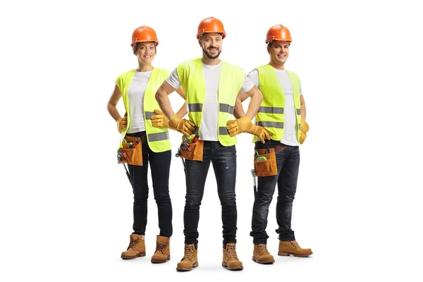 Team Site Engineers Safety Vests Helmets Isolated White Background — Zdjęcie stockowe