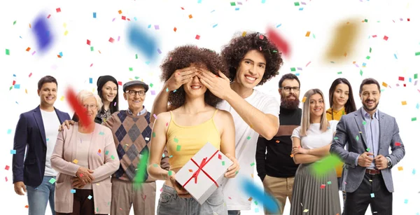 People Gathered Surprise Birthday Party Young Woman Isolated White Background — Zdjęcie stockowe