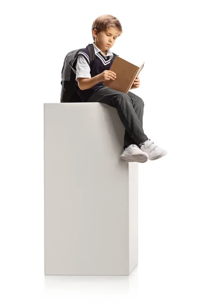 Schoolboy Sitting Tall White Column Reading Book Isolated White Background — стоковое фото