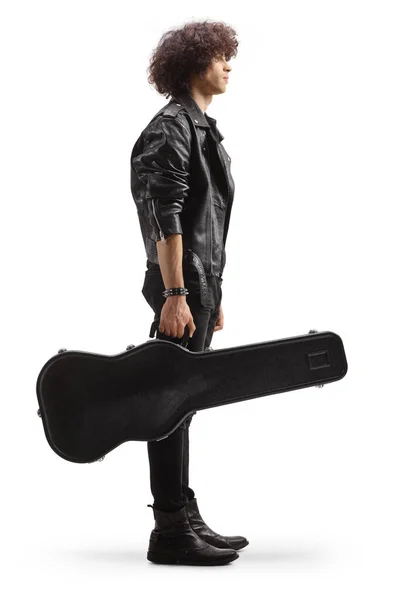 Full Length Profile Shot Young Rock Musician Holding Guitar Case — 图库照片