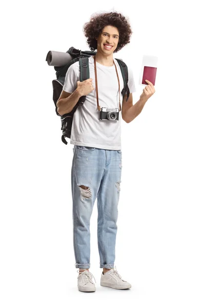 Young Male Tourist Backpack Showing Passport Smiling Isolated White Background — Φωτογραφία Αρχείου