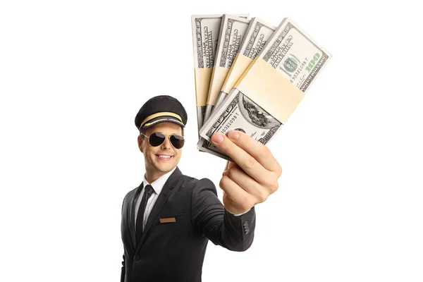 Professional Chauffeur Uniform Holding Money Smiling Isolated White Background — Foto de Stock