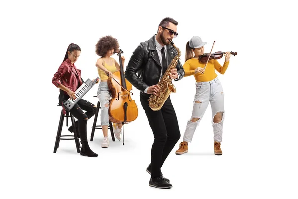 Music Band Consisting Female Musicians Cello Violin Keytar Man Saxophone — Stock Photo, Image