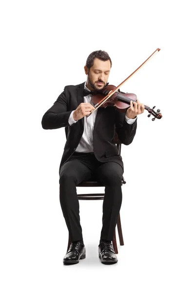 Full Length Portrait Elegant Young Man Sitting Playing Violin Isolated — стоковое фото